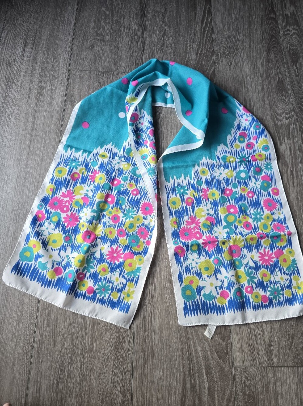 Vintage Mod Floral Scarf Long Oblong Blue Pink Polka Dot Flower Power Italy